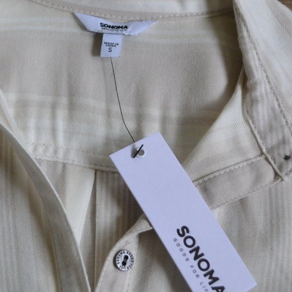 NWT Sonoma Neutral Quarter Button Down Striped Long Sleeve Flannel Shirt Size Sm - Picture 2 of 4